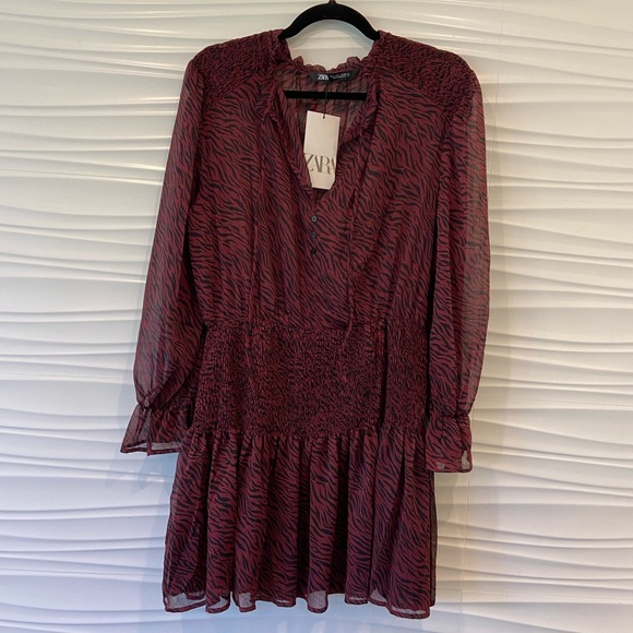 NWT Zara Animal Print Sheer Smocked Dress - Picture 9 of 14